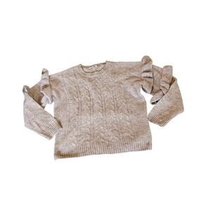 WAYF Gray Cable Knit Ruffle Shoulder Sweater Size Medium Soft Crewneck